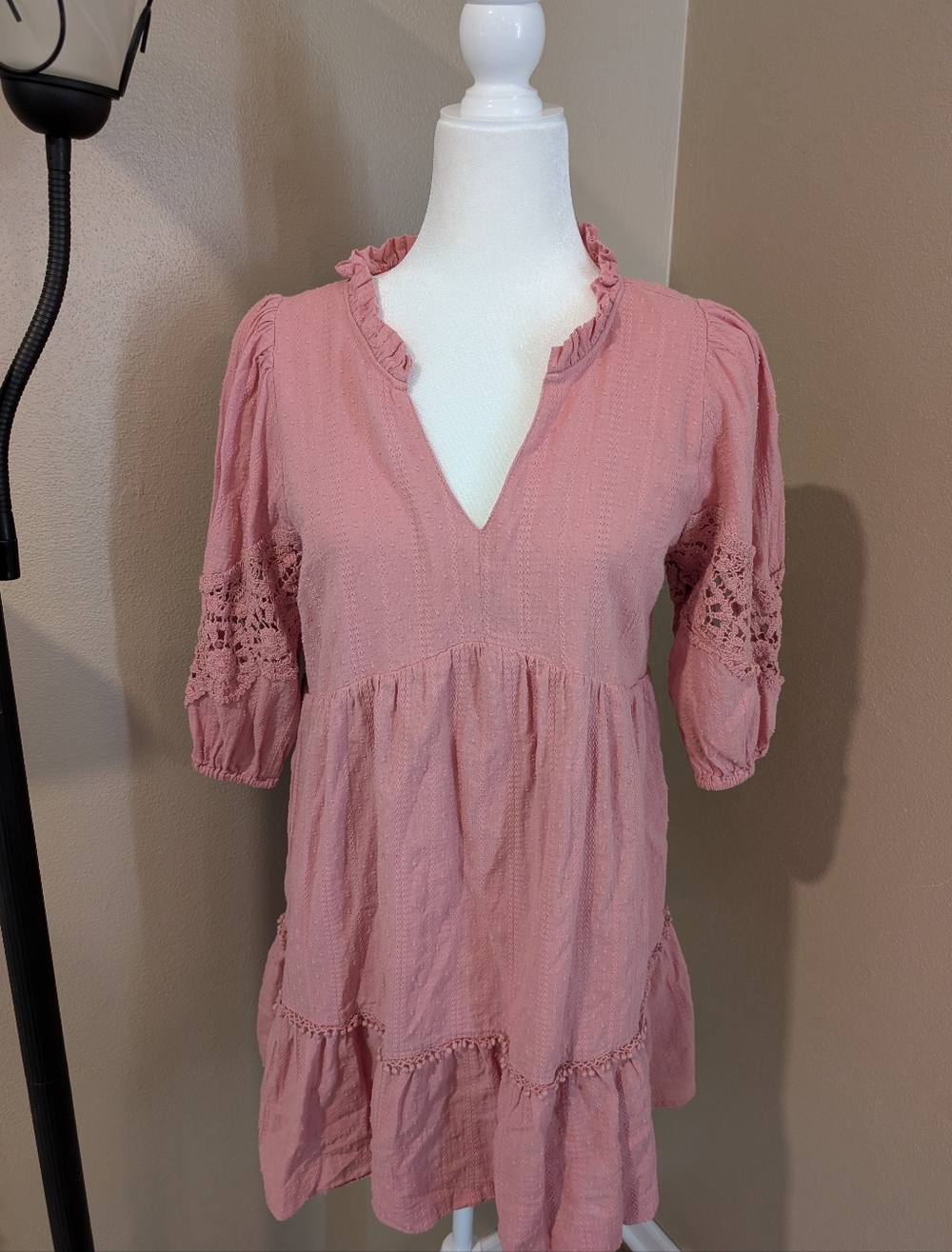 Umgee Dusty Rose V-Neck Ruffled Crochet Sleeve Dress